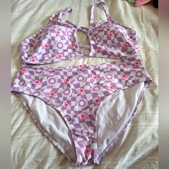 SHEIN 2XL Plaid & Heart Print Tie Front Bikini Swimsuit - Picture 13 of 15